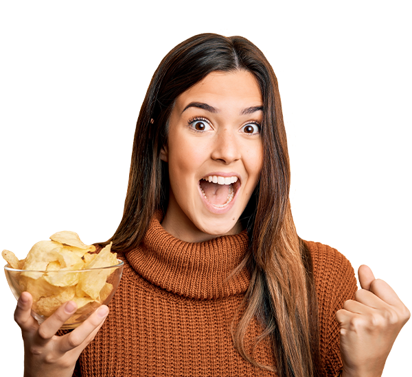 happy woman with bowl of chips